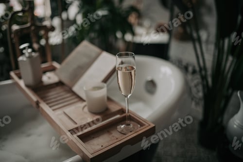 Preview: Luxury interior eco style modern bathroom with oval bathtub and champagne glass at natural lighting