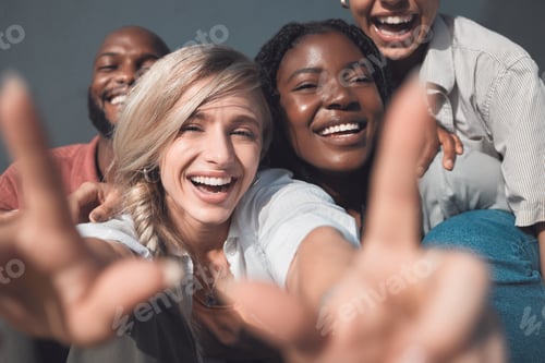 Preview: Group of friends, men and women having fun, smiling and being carefree while bonding together in th