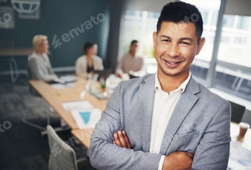 Preview: Leadership, confidence and portrait of businessman in the office in a meeting with colleagues. Corp