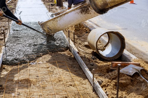 Preview: Mixer truck pouring cement concrete casting on reinforcing metal bars of sidewalk