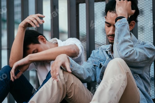 Preview: Two stressed unemployed Asian man sitting and crying lay off work