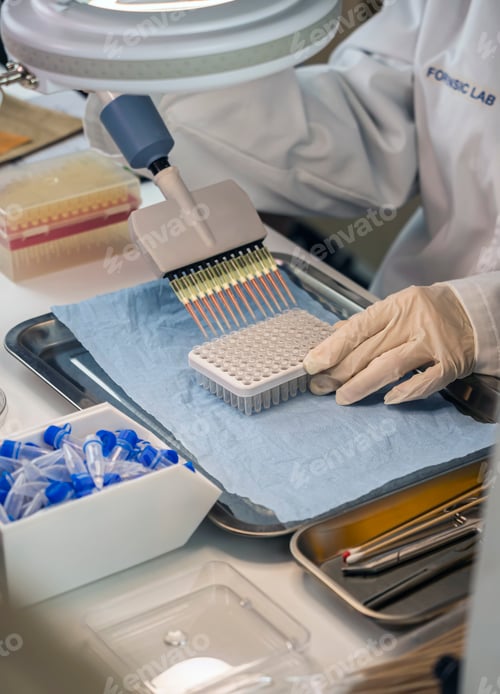 Preview: Police scientist analyzes DNA with multipipette for crime lab analysis, conceptual image