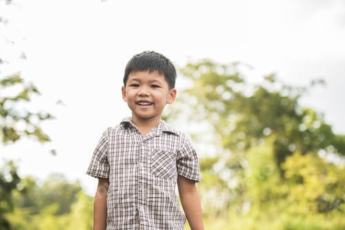 Preview: Portrait of little boy standing in the nature park smiling to camera.