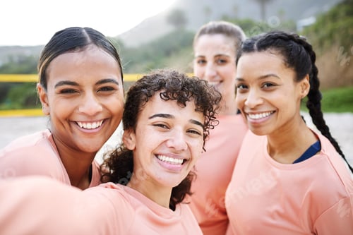 Preview: Selfie portrait, volleyball and women on beach with smile excited for sports game, match and compet