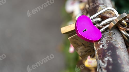 Preview: Heart-shaped padlock locked on the fence