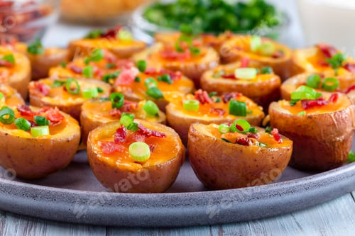 Preview: Red skinned loaded potatoes with crispy bacon, scallions and sharp cheddar cheese