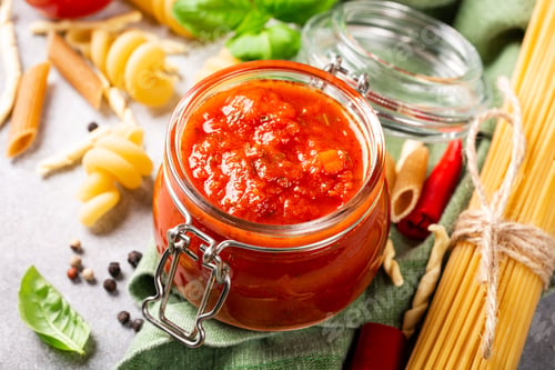 Preview: Glass jar with homemade classic spicy tomato pasta or pizza sauce.