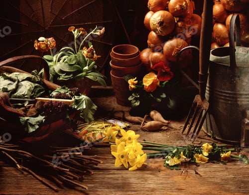 Preview: Garden shed scene, freshly picked flowers and vegetables with garden tools and flowers pots