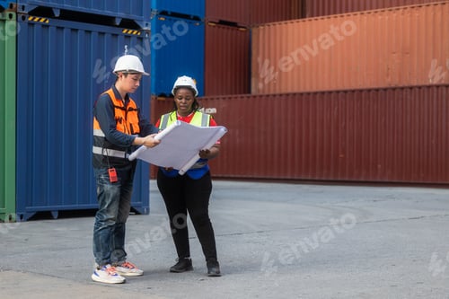 Preview: Logistics team assessing stacked shipping containers