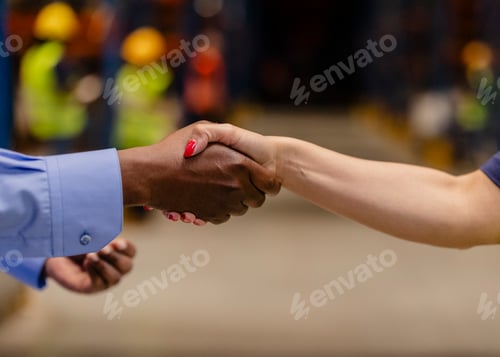 Preview: Business people shaking hands in warehouse, closing a deal