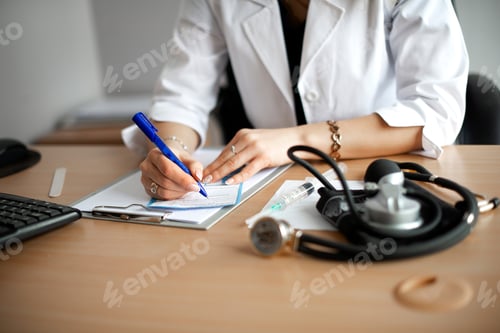 Preview: Female doctor writes a prescription at his desk . Healthcare, insurance and medicine.