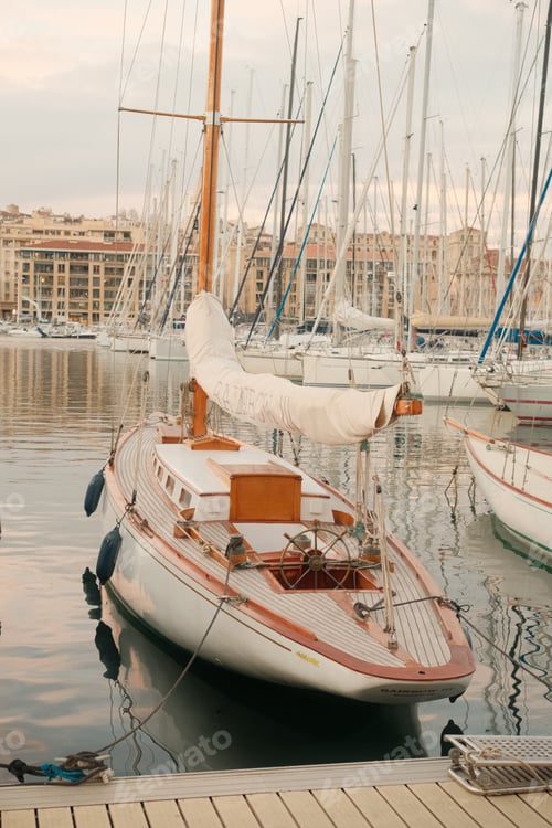 Preview: a white sail boat sitting next to a marina filled with lots of boats