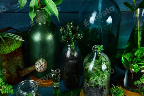 Preview: Mini glass vases and bottle with green leaves, plants.