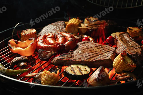 Preview: Assorted delicious meat and vegetables on barbecue grill