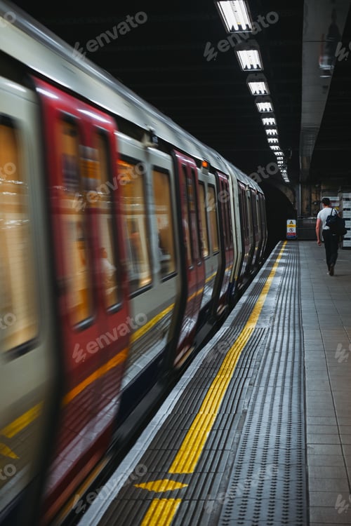 Preview: Vertical shot of a train moving along platform at the underground station