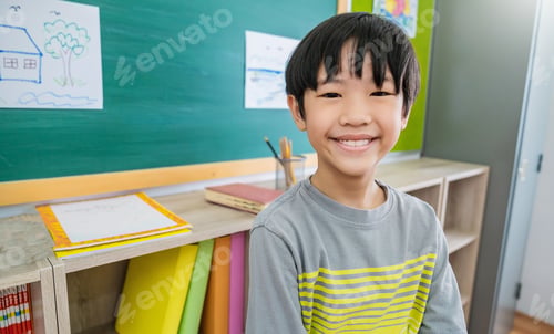 Preview: Portrait of pupil boy, Learn in classroom at elementary school.