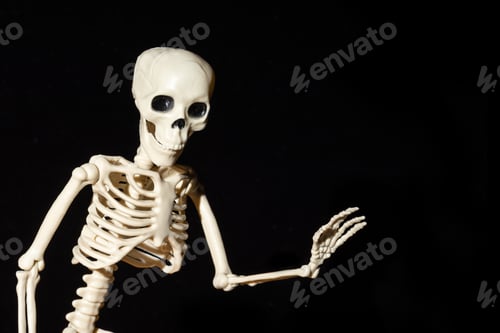 Preview: Human Skeleton waving greeting hand isolated on black background. Day of the Dead