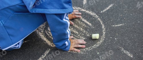 Preview: Cute little child draws the sun with chalk outdoors, summer time, chalk. Selective focus.