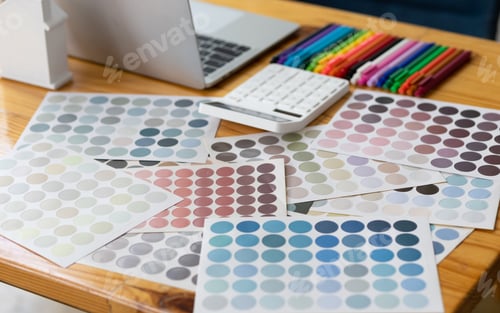 Preview: Close up of color swatches on desk in professional designer office.