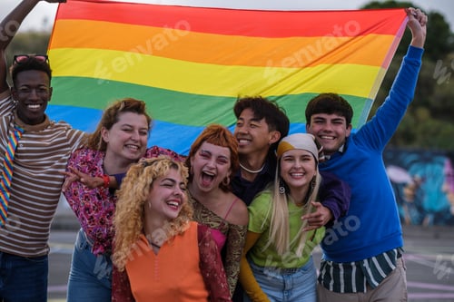 Preview: Group of teenagers at the meeting in favor of lgtbi pride
