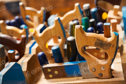Preview: Close up of a woodworking tools in a boat-builder's workshop.