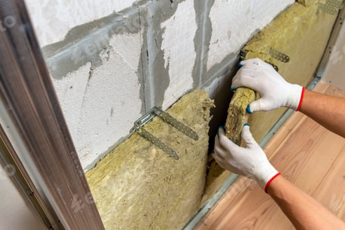 Preview: Worker insulating a room wall with mineral rock wool thermal insulation.