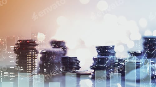 Preview: Double Exposure Of City View , Diagram Bar And Line Graph , Rows Of Coins For Finance , Money