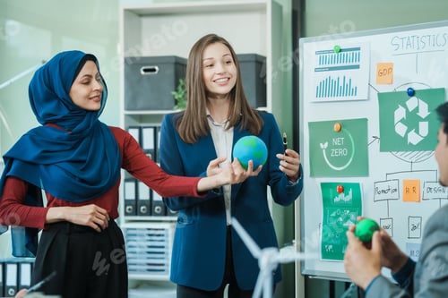 Preview: Diverse team, middle-aged Asian businessman, Caucasian young businesswoman, Muslim hijab-wearing