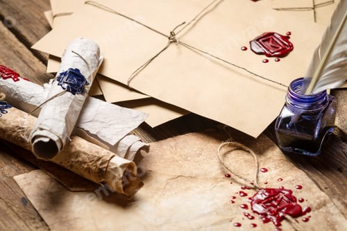 Preview: Closeup of blue ink and vintage envelope