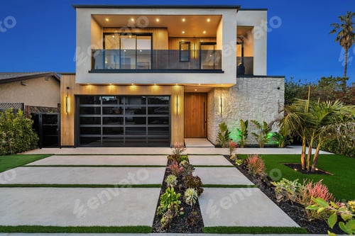 Preview: Modern two-story house with a landscaped front yard at dusk.