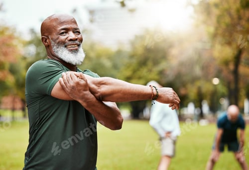 Preview: Portrait, stretching and active seniors at a park for training, exercise and cardio wellness. Fitne
