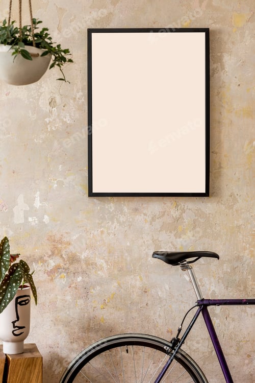 Preview: Interior design of living room with black poster mock up frame.