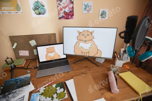 Preview: Kids desk with computer and school supplies on wooden table