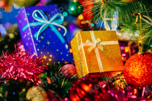 Preview: On the surface with New Year tinsel are toys and a box with a gift and a golden bow