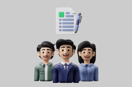 Preview: Three cartoon men in a row with a document and pen