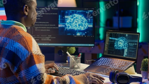 Preview: Black man programmer manages code and scripts in artificial intelligence