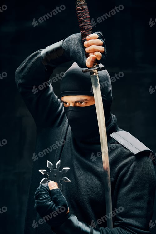 Preview: Ninja samurai warrior fighter with a sword and shuriken over black background