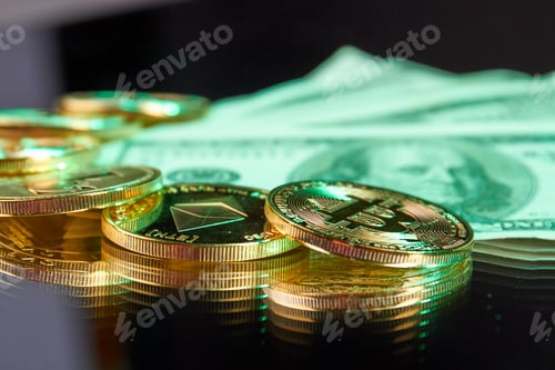Preview: Close-up golden cryptocurrency coins and cash dollars.