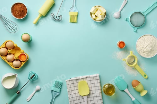Preview: Healthy baking ingredients - butter, sugar, flour, eggs, oil, spoon, rolling pin, brush, whisk