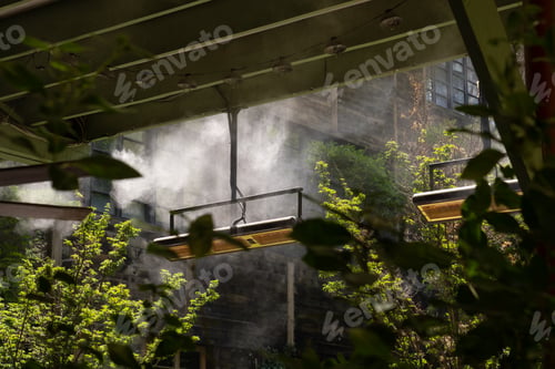 Preview: Prevention of overheating or heatstroke. Air conditioning and water spray system for cooling and fog