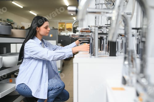 Preview: Woman inspects and chooses new kitchen or bath tap faucet at a hardware store