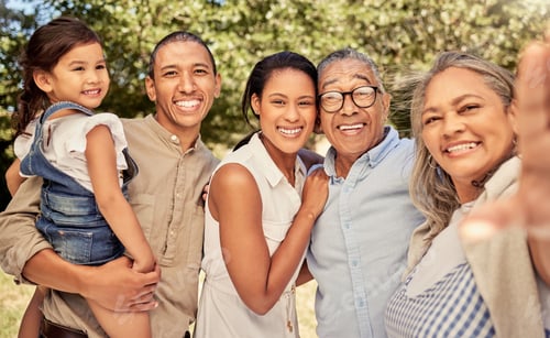 Preview: Selfie, family and children with a girl, parents and grandparents posing for a photograph outdoor d