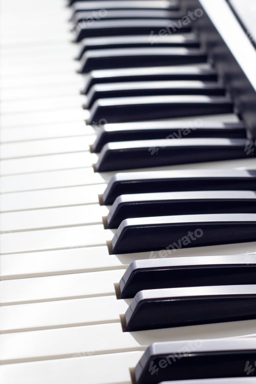 Preview: Close up of piano keyboard. Background with soft focus