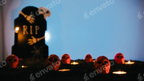 Preview: Cartoon RIP Tombstone And Skulls With Candle Lights