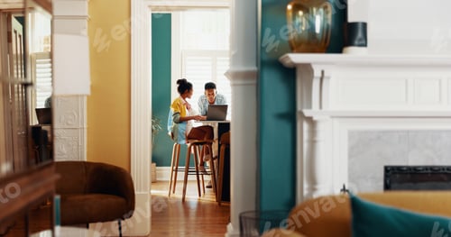 Preview: Table, laptop and couple in kitchen planning home decor budget, online schedule or mortgage payment
