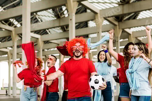 Preview: Sport football fans in red and blue t-shirt supporting their team