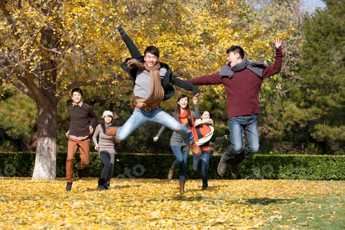 Preview: Excited young adults jumping on the lawn in autumn