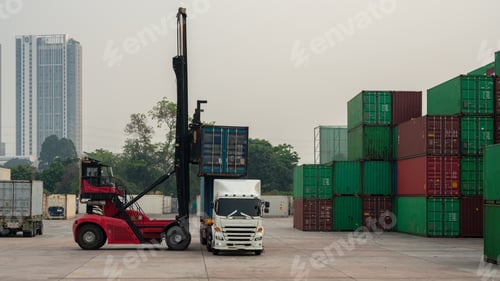 Preview: Forklift Truck loading Container to Cargo Truck Forklift working in the container cargo yard port l