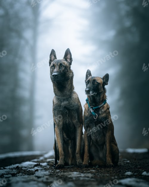 Preview: Two adorable dogs sitting side by side in a peaceful forest.