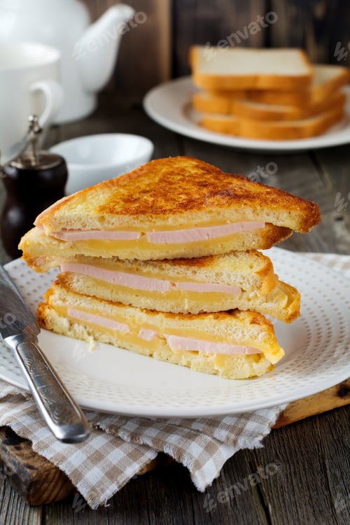 Preview: French toast cheese and bacon with on a old wooden background. Selective focus
